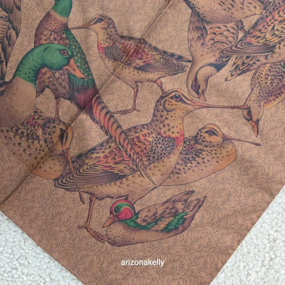 Large Silk Scarf Tan With Game Birds Made in Italy